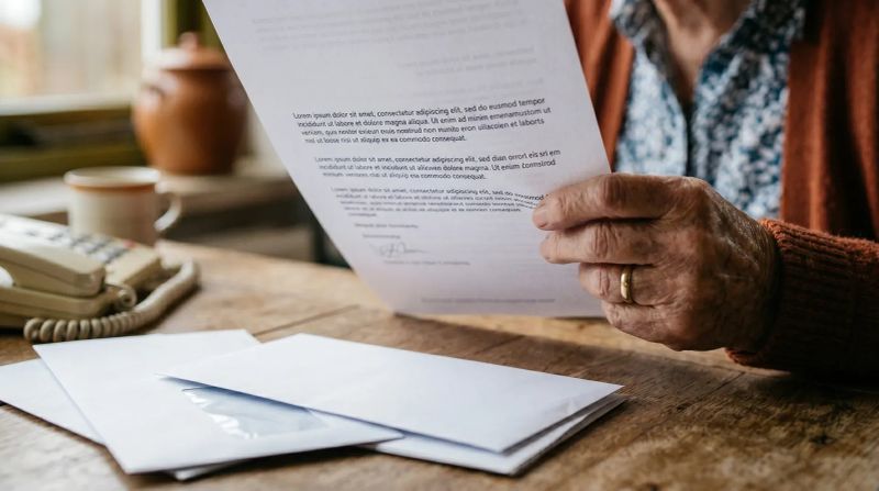 Oudere persoon leest document aan houten bureau met telefoon en papieren in warm licht