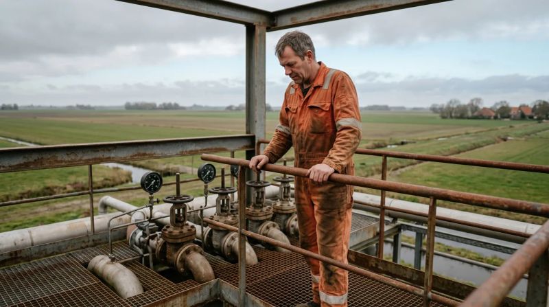 Technicus in oranje overall inspecteert gasleidingen en meters op industriële platform met weidelandschap op achtergrond