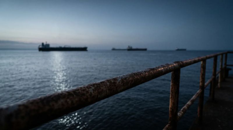 Roestige metalen reling op voorgrond, vrachtschepen op open zee onder bewolkte hemel