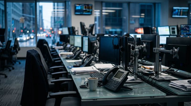 Modern handelsvloer met computers, headsets en telefoons, hoog kantoorgebouw met stadszicht op achtergrond.