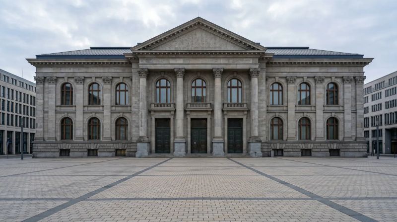 Klassiek stenen overheidsgebouw met zuilen en gevel, symmetrisch gecentreerd op groot plein.