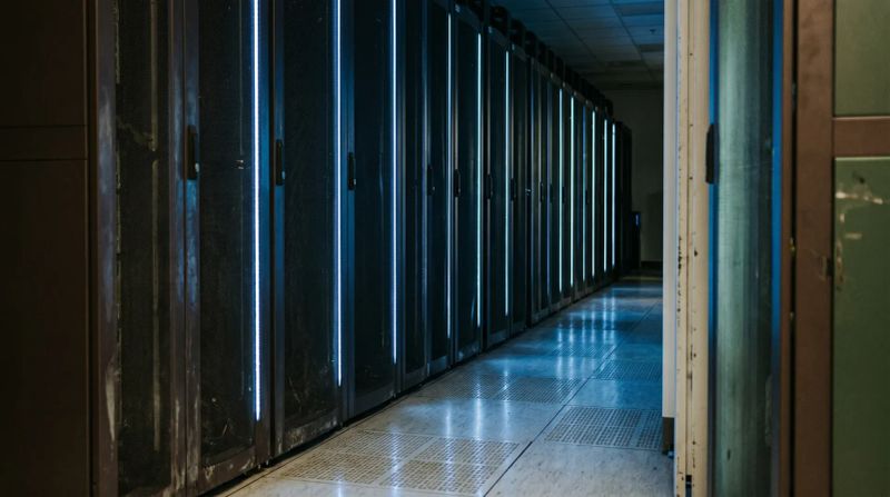 Lange gang met rijen zwarte server- of opslagkasten met blauwe verlichtingslijnen aan beide zijden