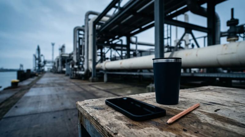 Koffiekopje en smartphone op houten tafel bij industriële olie- en gasinstallatie aan water