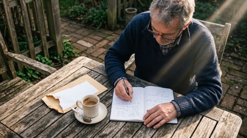 Oudere man met bril schrijft in notitieboek aan houten tuintafel met koffiekopje