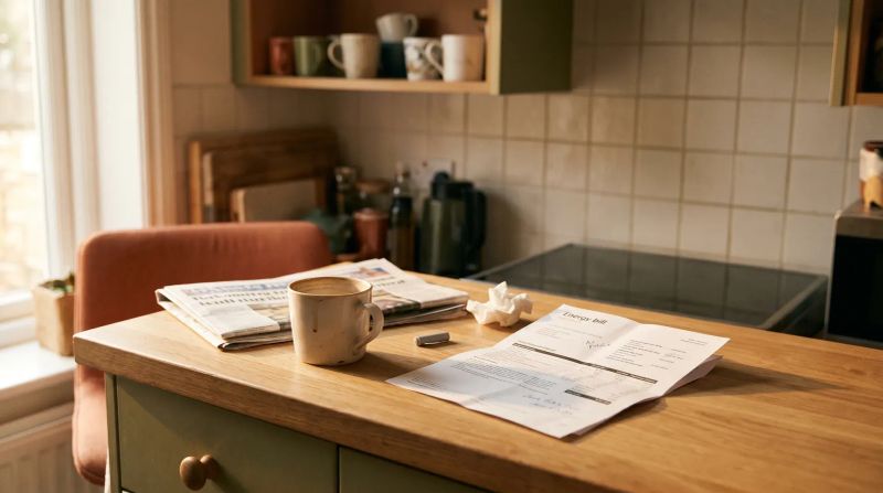 Houten keukentafel met koffiekopje, papieren documenten en agenda in warm daglicht.