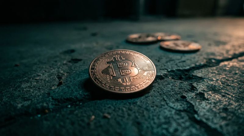 Bitcoin munt in close-up op ruw turquoise oppervlak met onscherpe munten op achtergrond