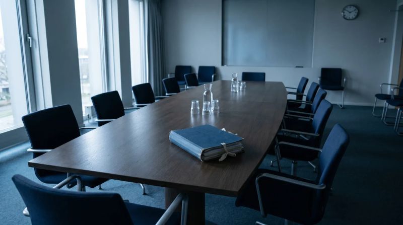 Lege conferentiezaal met donkerhouten tafel, blauwe stoelen en notitieboek in het midden