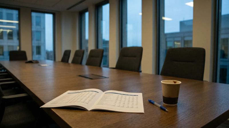 Conferentietafel met open spreadsheet, koffiekopje en pen, lege stoelen, ramen met stadsuitzicht