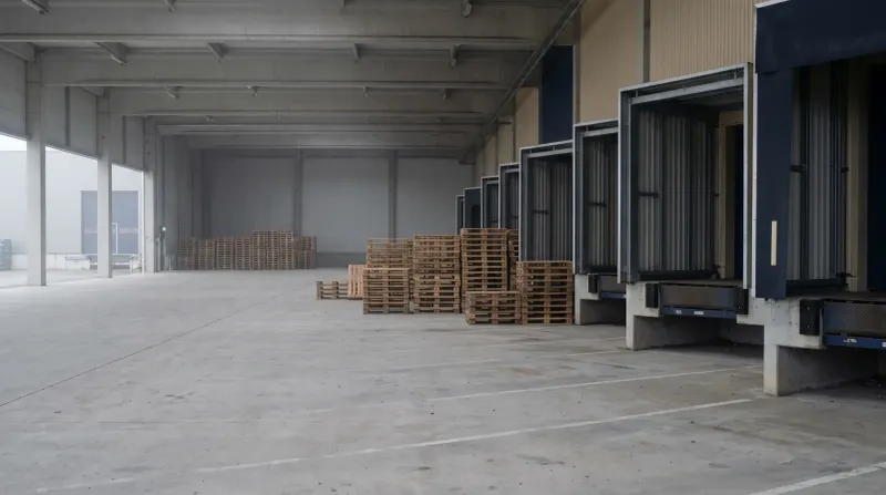 Lege industriële hal met houten pallets, laadkleppen en betonnen vloer.