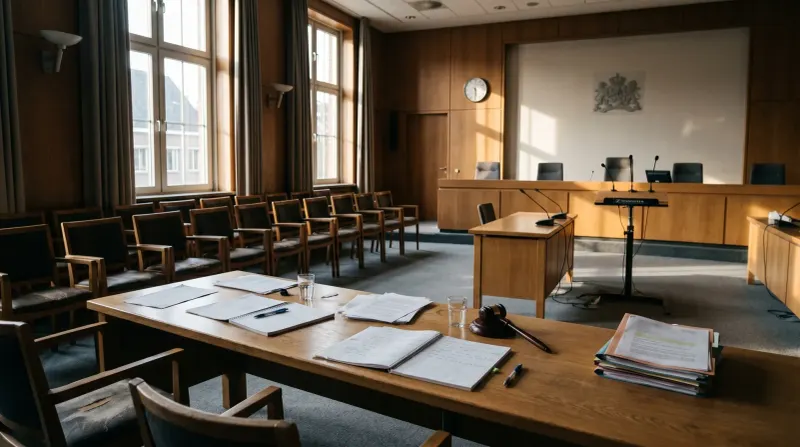 Lege rechtszaal met houten meubels, documenten op tafel, rechtersstoel en toeschouwersbanken.
