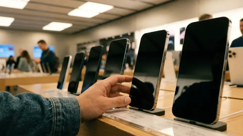 Hand pakt iPhone uit displayrek in Apple Store, meerdere telefoons op houten tafel