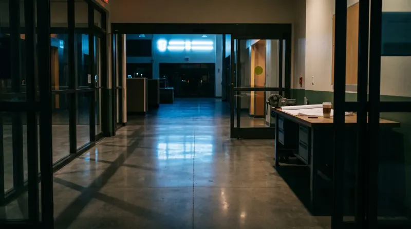 Lege moderne kantoorlobby met glanzende betonvloer, zwarte kozijnen en neonverlichting, avond.