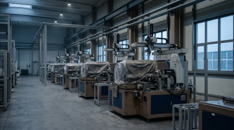 Moderne fabriekhal met geavanceerde industriële machines onder plastic hoezen, rijen operationele apparatuur