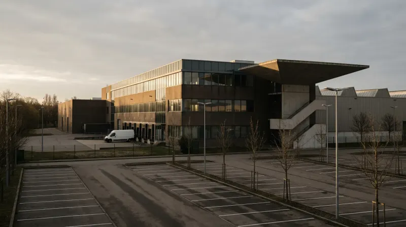 Modern bedrijfsgebouw met goudkleurige en zwarte gevel, parkeerplaatsen, spaarlampen en jonge bomen.