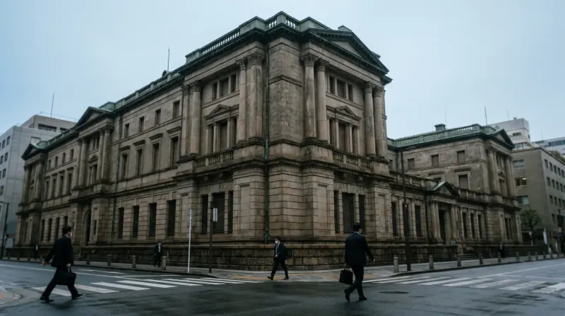Klassiek stenen regeringsgebouw met kolommen, zakenlieden in pak lopen over plein met zebrapad