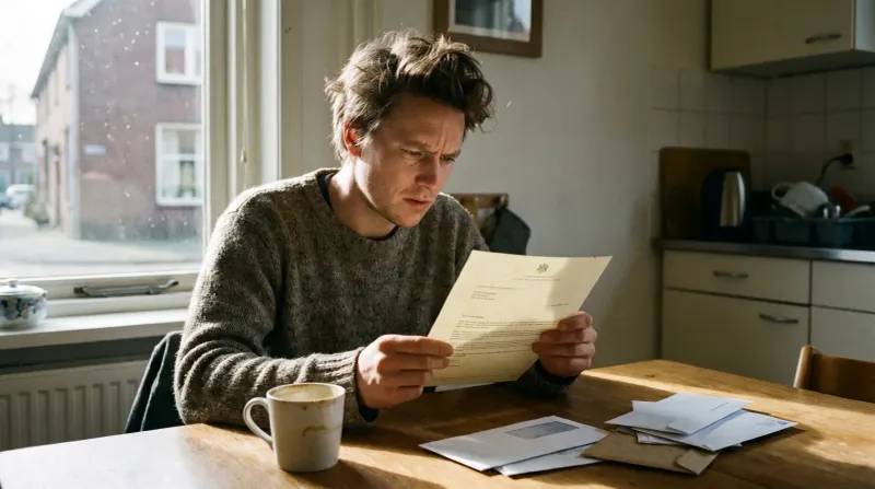 Man leest brief aan keukentafel met koffie, stapel enveloppen zichtbaar, winterlicht door raam
