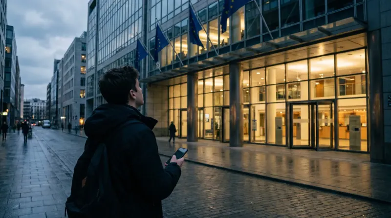 Man met smartphone op verlichte stadstraat voor modern kantoorgebouw met EU-vlaggen