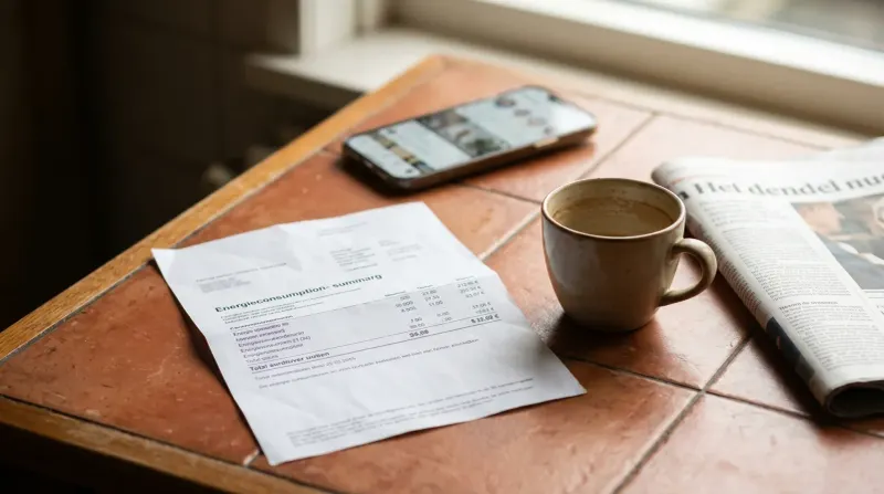Houten tafel met energierekening, koffiekopje, smartphone en krant in daglicht