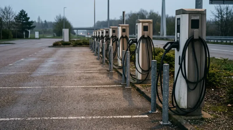 Rij elektrische laadpalen langs snelweg met zwarte kabels, industrieel landschap op achtergrond