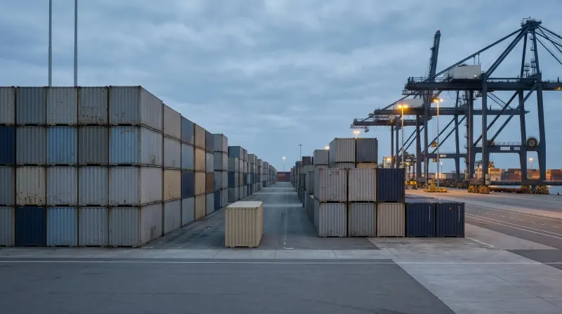 Containerterminal bij schemering met gestapelde containers, verlichte havenkasten en kranen op achtergrond.