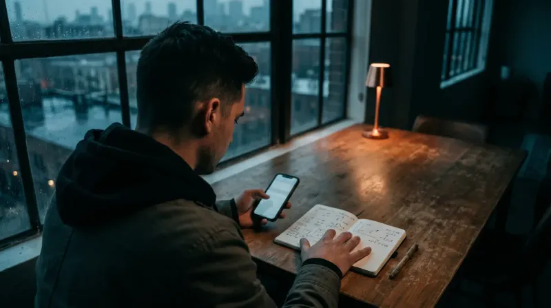 Man aan bureau met smartphone en notitieboek, stadsgezicht en lamp op achtergrond