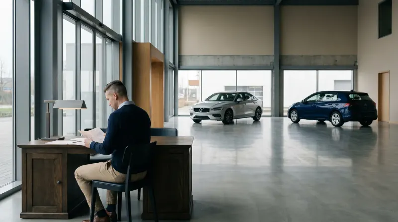 Man aan bureau werkt aan documenten in modern showroom met luxe auto's achter glazen wand