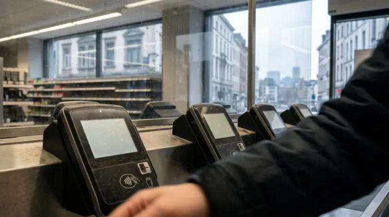 Rij betaalterminals met touchscreens in modern kantoor met uitzicht op stadsskyline.