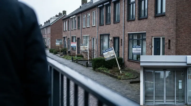 Rij Nederlandse rijtjeshuizen met 'te koop' borden langs een straat met bakstenen gevel