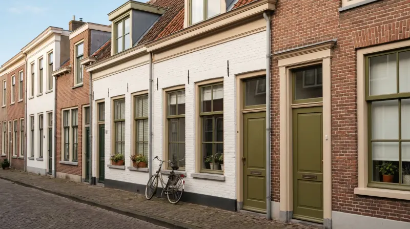 Rij karakteristieke Nederlandse huizen met wit en bakstenen gevels, groene deuren, fietsen op keien straatje.