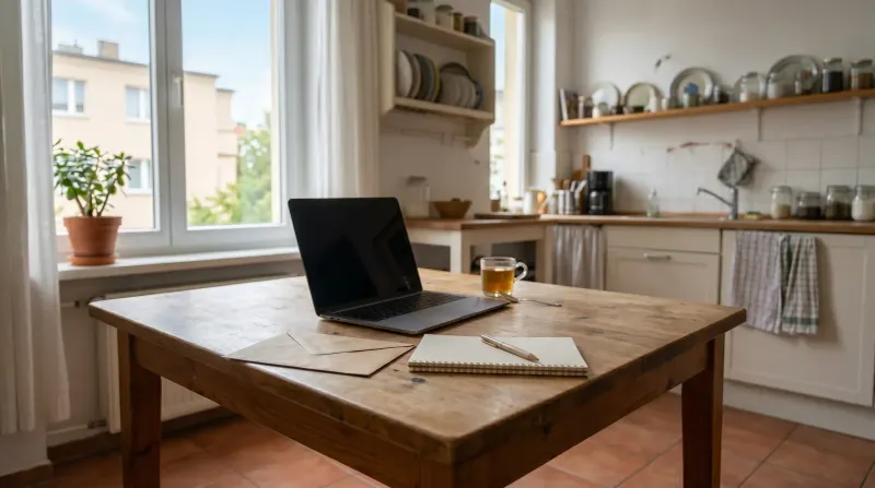 Houten keukentafel met laptop, notitieboek en theekopje bij raam met uitzicht