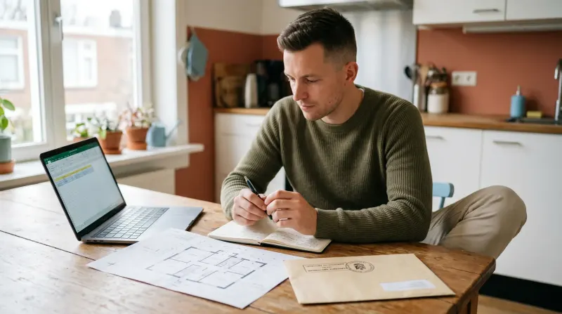 Man aan keukentafel met laptop, blauwdruk en notitieboek, schrijvend met pen