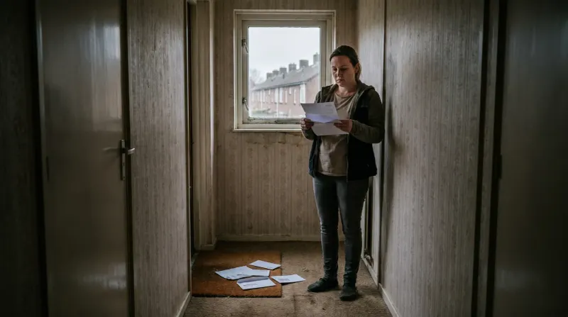 Vrouw in halletje leest brief, documenten op grond, raam met huizenrij op achtergrond