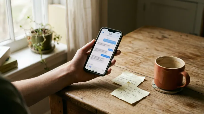 Persoon houdt smartphone met chatscherm vast aan houten tafel met koffiekop en notities