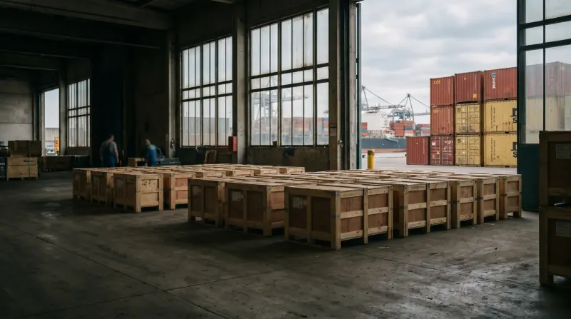 Containerterminal aan haven met houten kratten, schepen en containers op achtergrond.