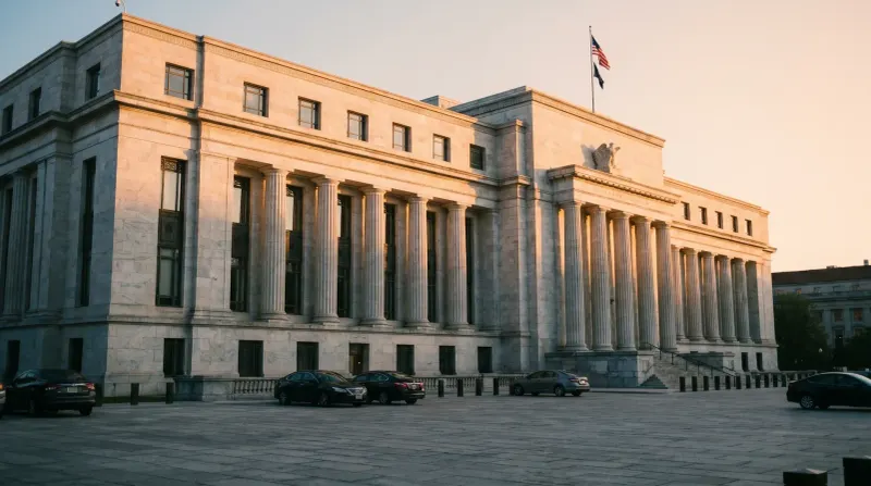 Klassiek witmarmer regeringsgebouw met zuilen en Amerikaanse vlag bij zonsondergang.