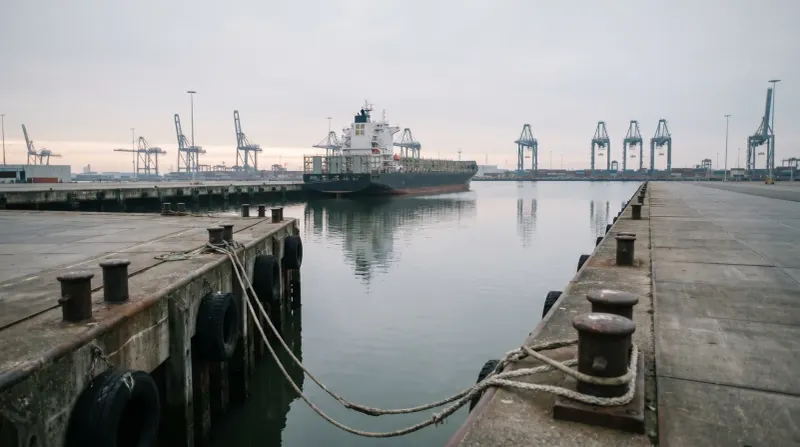 Containerschip aangemeerd bij industriële haven met laadkranen en verlaten kades