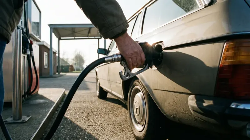 Man tankt benzine aan pomp op benzinestation in daglicht