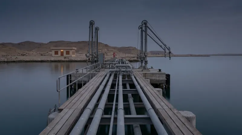 Industriële haveninstallatie met pijpleidingen en kranen aan kalm water bij woestijnkust