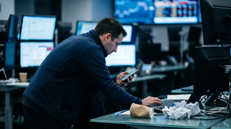 Man in donker jasje werkt aan computer op kantoor met meerdere beeldschermen op achtergrond