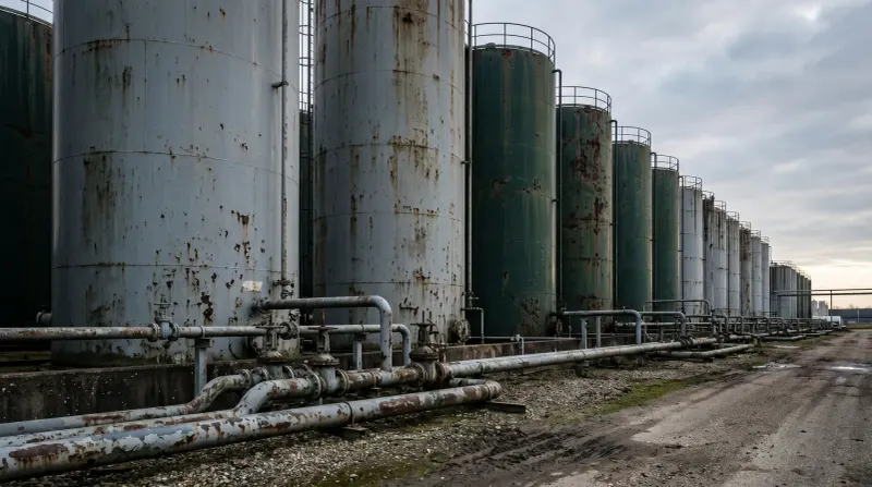 Rij van grote industriële opslagtanks met roestvorming en verbindingsleidingen op een verlaten terrein.