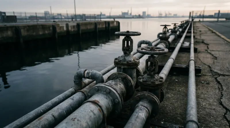 Rij vervaardigde pijpen met afsluiters langs industriële havenkaai, water en stadsskyline op achtergrond