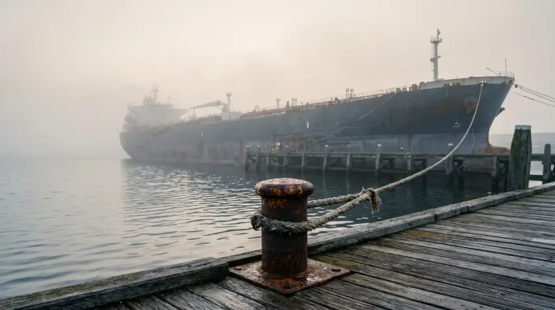 Roestige aanlegpaal op houten steiger met groot olietankschip in mist op zee.
