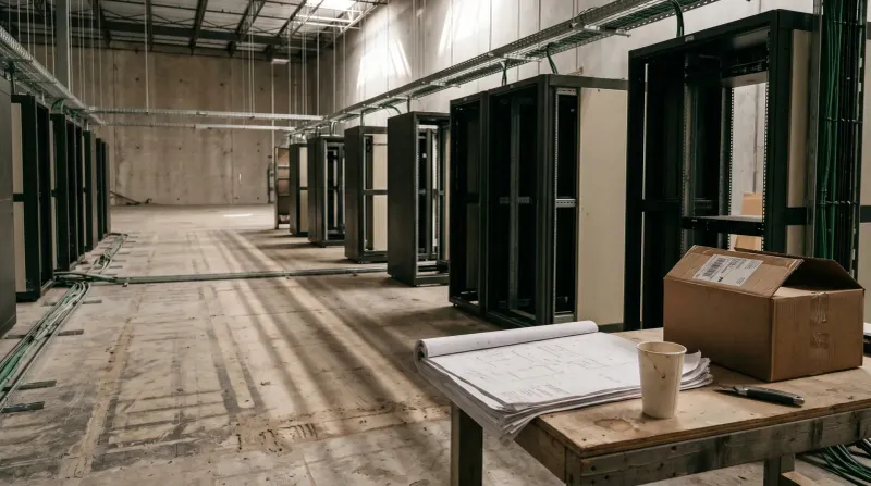 Datacenterhal in aanbouw met servers, bouwplannen en materialen op werkbank