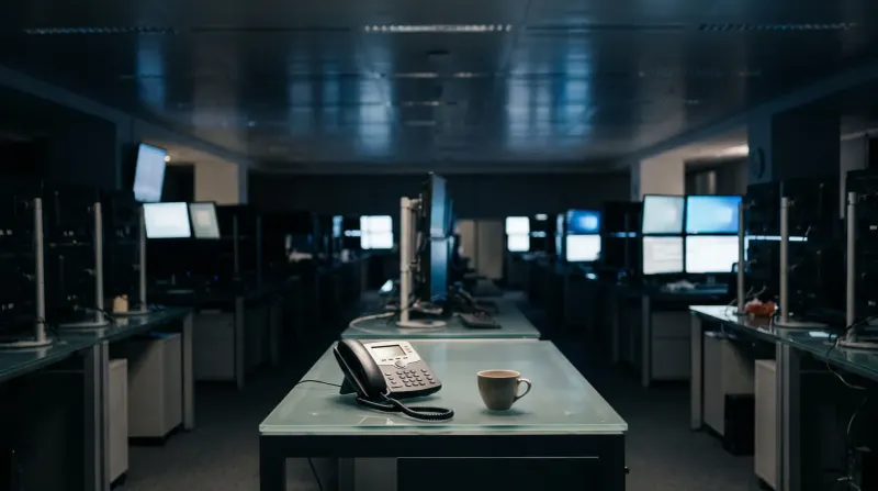 Verlaten modern kantoor met bureaus, telefoon, koffiekopje en meerdere monitors op afstand