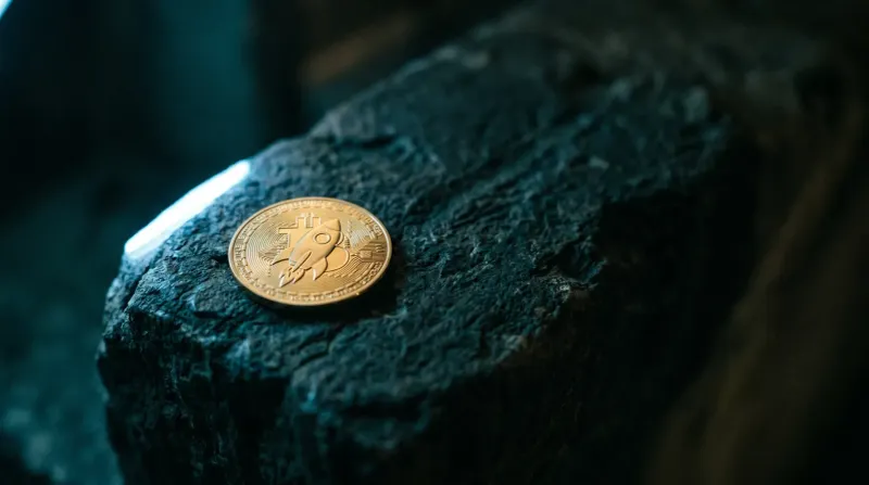 Goudkleurige Bitcoin-munt op donkerblauwe gestructureerde steen onder helder licht