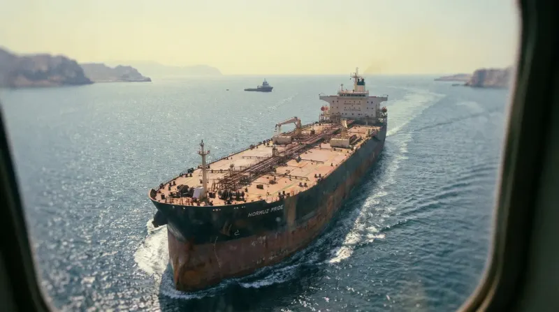 Olietanker 'Hormuz Pride' vaart door zeestraat met escorte-schepen en landmassa's aan horizon