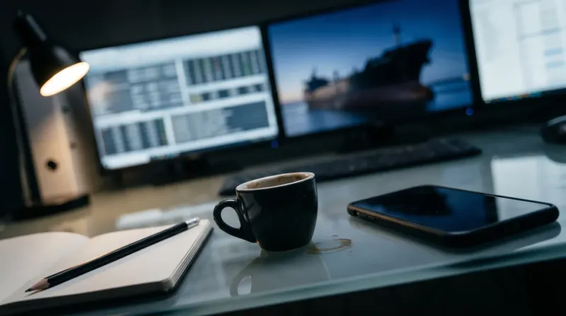 Werkbureau met zwarte koffiekop, notitieboek, pen, smartphone en scheepsbeeld op monitors op achtergrond