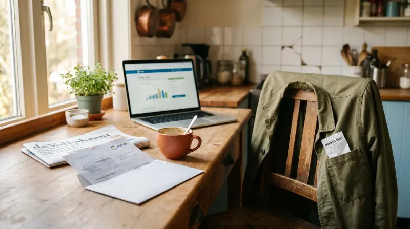 Houten bureau met laptop, financiële documenten, koffiekopje en potplant naast raam in keuken.