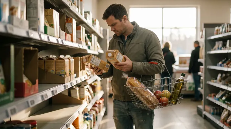 Man leest voedselverpakking in supermarkt met winkelmandje en boodschappen