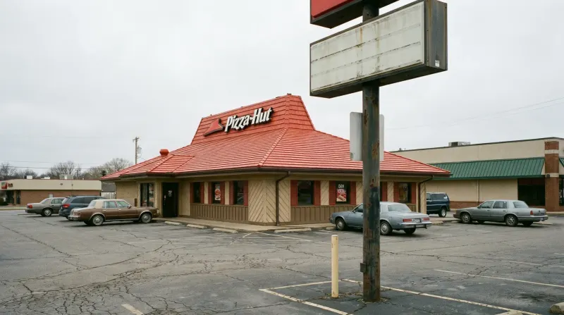 Pizza Hut restaurant met rood dak en beige wanden in Amerikaanse parkeerplaats met oudere auto's